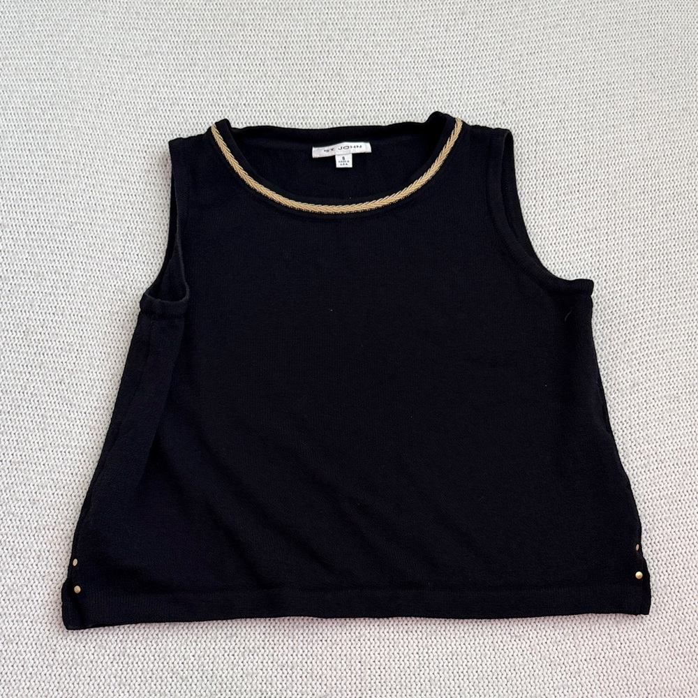 St. John Black Knit Sleeveless Shell with Gold Trim